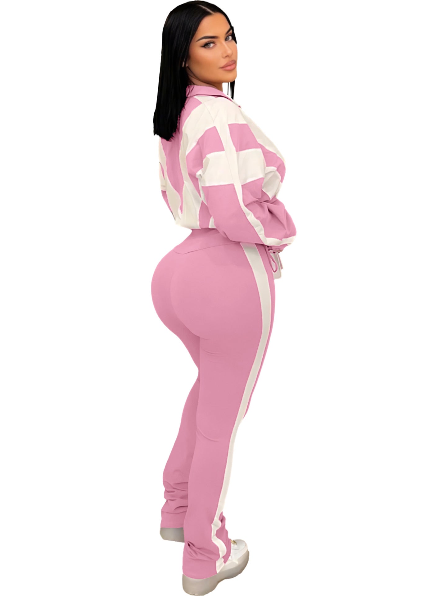 LADIES TWO PIECE LONG SLEEVE TOP & PANTS SET LIGHT PURPLE / BLACK / APRICOT-BEIGE / DARK PINK / LIGHT GREEN / LIGHT PINK (SIZE S - 2XL)