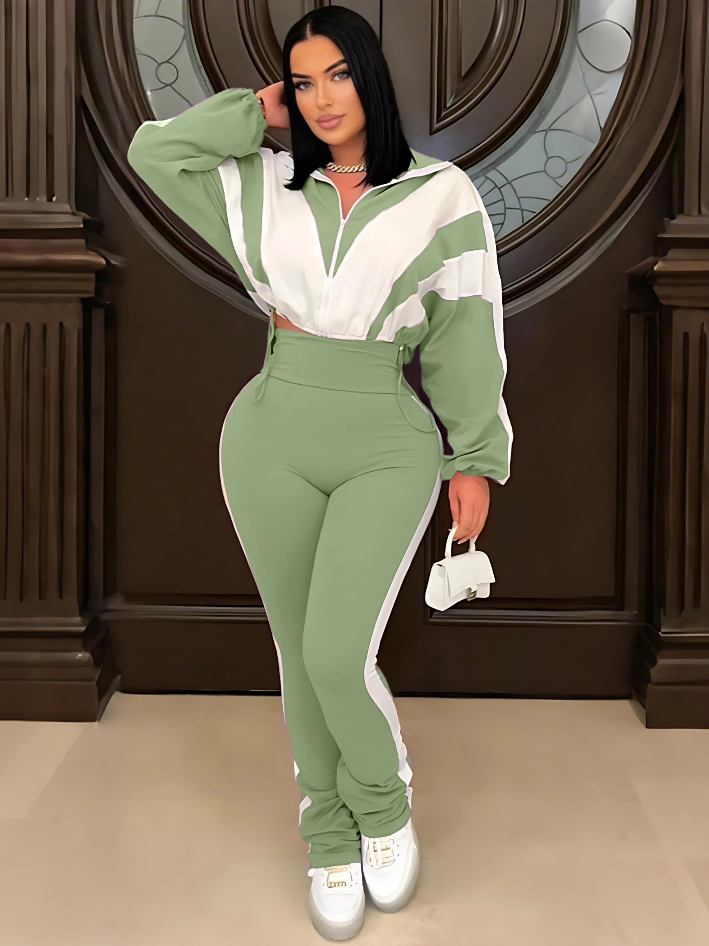 LADIES TWO PIECE LONG SLEEVE TOP & PANTS SET LIGHT PURPLE / BLACK / APRICOT-BEIGE / DARK PINK / LIGHT GREEN / LIGHT PINK (SIZE S - 2XL)