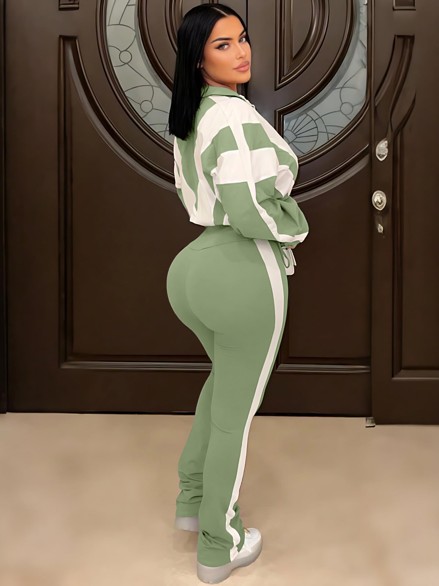 LADIES TWO PIECE LONG SLEEVE TOP & PANTS SET LIGHT PURPLE / BLACK / APRICOT-BEIGE / DARK PINK / LIGHT GREEN / LIGHT PINK (SIZE S - 2XL)