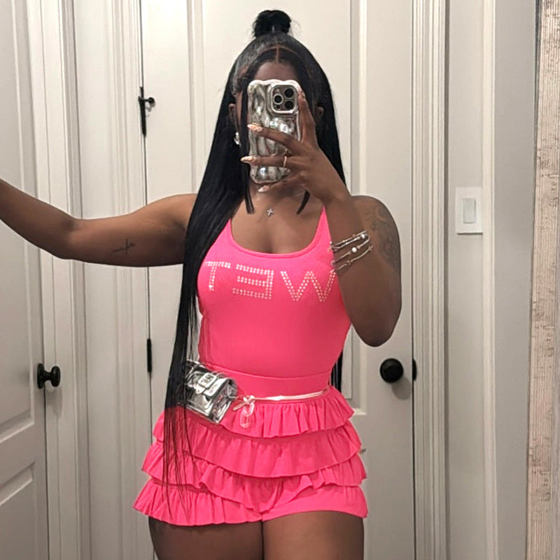 LADIES TWO PIECE SLEEVELESS TOP & SHORTS SET BRIGHT PINK / PINK (SIZE S - L)
