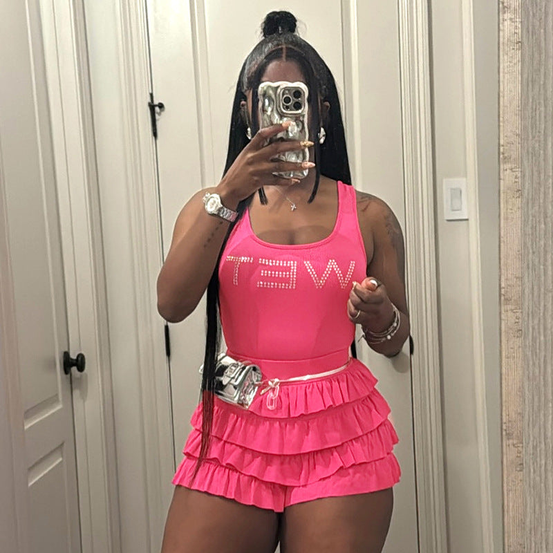 LADIES TWO PIECE SLEEVELESS TOP & SHORTS SET BRIGHT PINK / PINK (SIZE S - L)