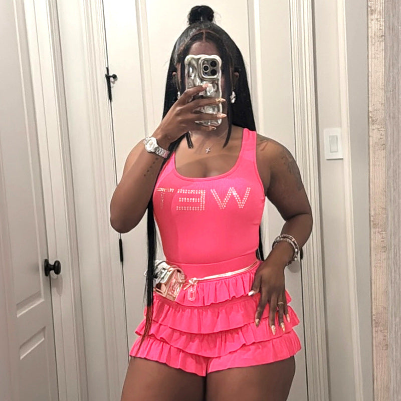 LADIES TWO PIECE SLEEVELESS TOP & SHORTS SET BRIGHT PINK / PINK (SIZE S - L)