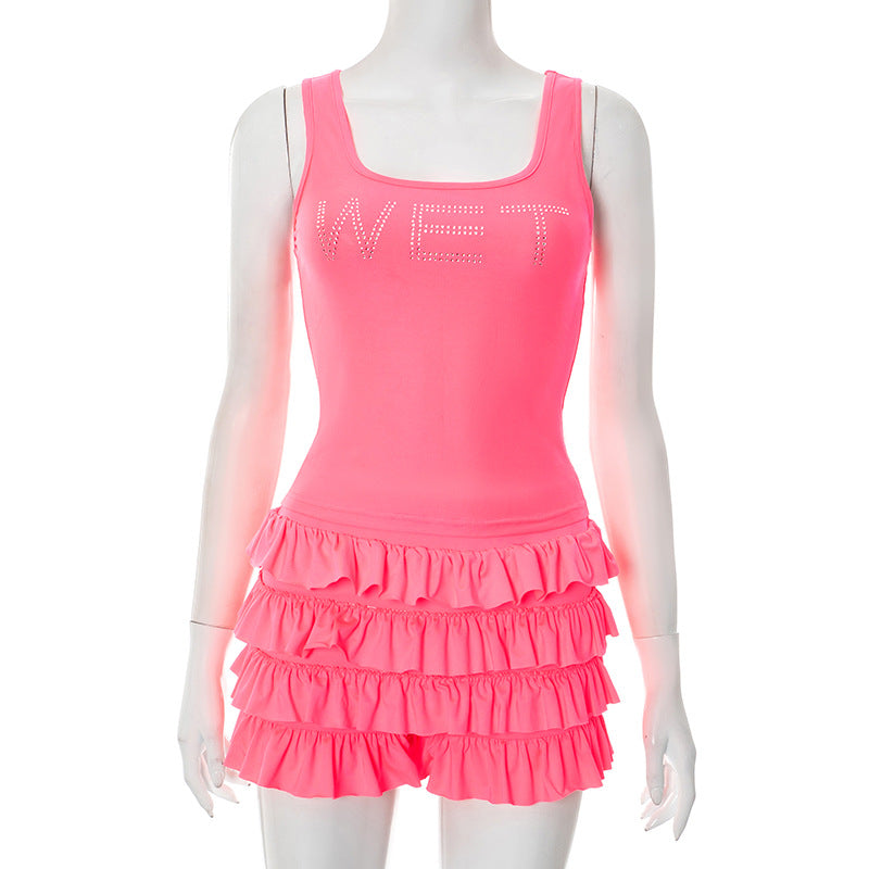 LADIES TWO PIECE SLEEVELESS TOP & SHORTS SET BRIGHT PINK / PINK (SIZE S - L)
