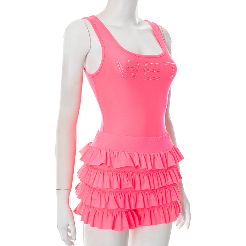 LADIES TWO PIECE SLEEVELESS TOP & SHORTS SET BRIGHT PINK / PINK (SIZE S - L)