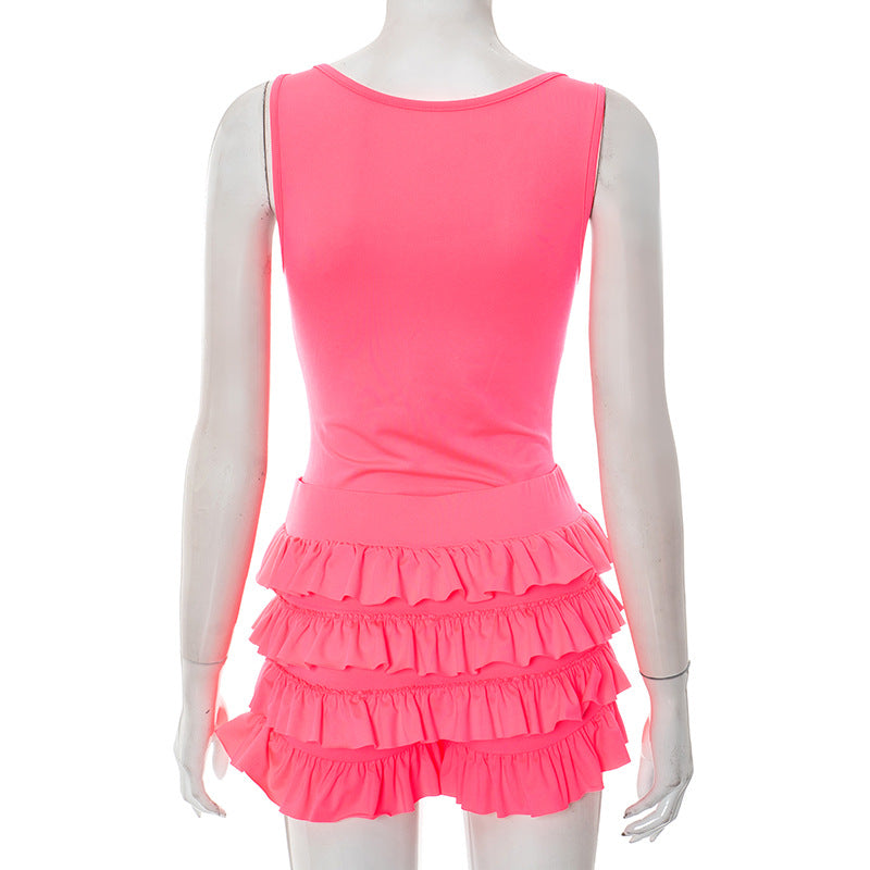 LADIES TWO PIECE SLEEVELESS TOP & SHORTS SET BRIGHT PINK / PINK (SIZE S - L)
