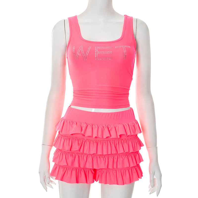 LADIES TWO PIECE SLEEVELESS TOP & SHORTS SET BRIGHT PINK / PINK (SIZE S - L)