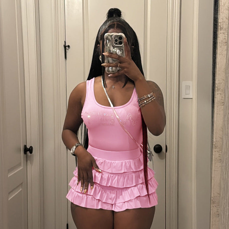 LADIES TWO PIECE SLEEVELESS TOP & SHORTS SET BRIGHT PINK / PINK (SIZE S - L)