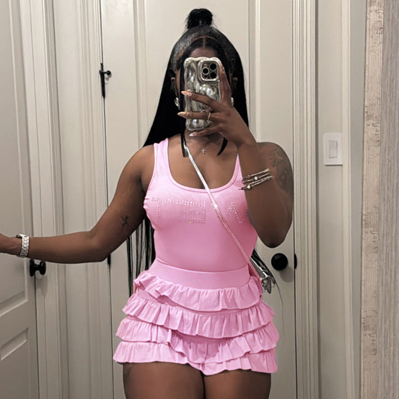 LADIES TWO PIECE SLEEVELESS TOP & SHORTS SET BRIGHT PINK / PINK (SIZE S - L)