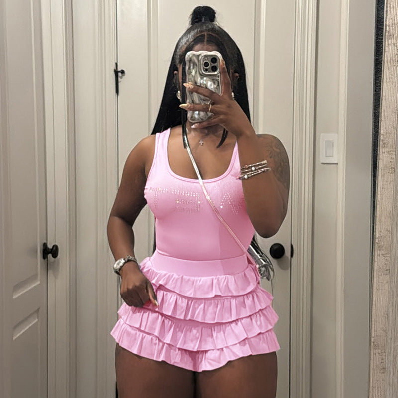 LADIES TWO PIECE SLEEVELESS TOP & SHORTS SET BRIGHT PINK / PINK (SIZE S - L)