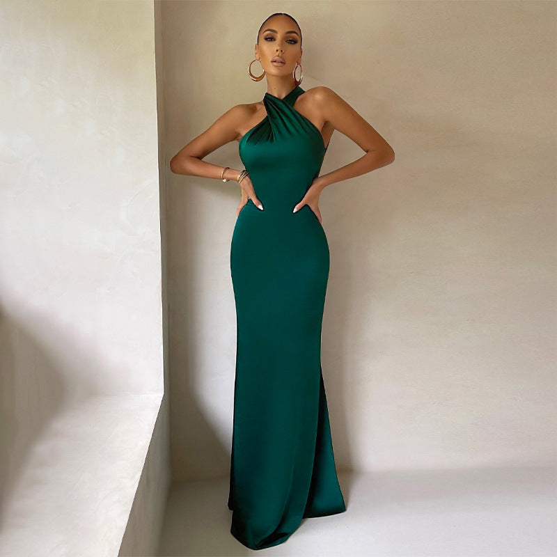 LADIES HALTERNECK LONG PARTY / COCTAIL / EVENING DRESS BLACK / GREEN / RUSTY ORANGE (SIZE S - L)