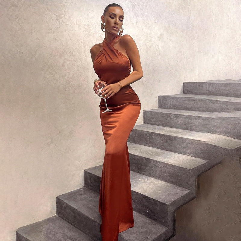 LADIES HALTERNECK LONG PARTY / COCTAIL / EVENING DRESS BLACK / GREEN / RUSTY ORANGE (SIZE S - L)