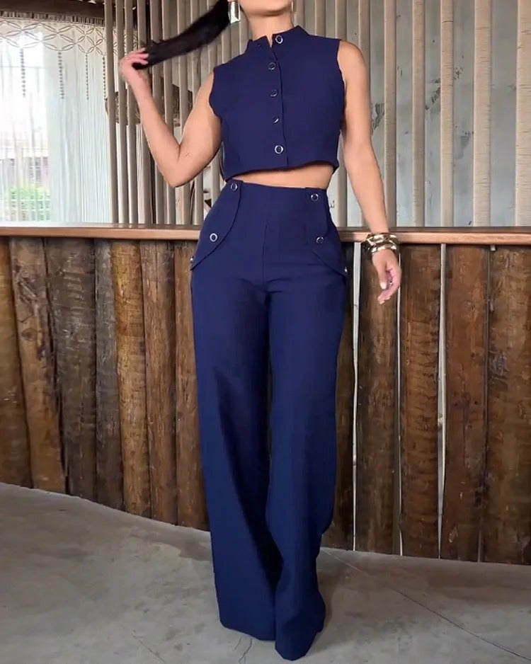LADIES TWO PIECE SLEEVELESS TOP & PANTS SET DARK BLUE (SIZE S - XL)
