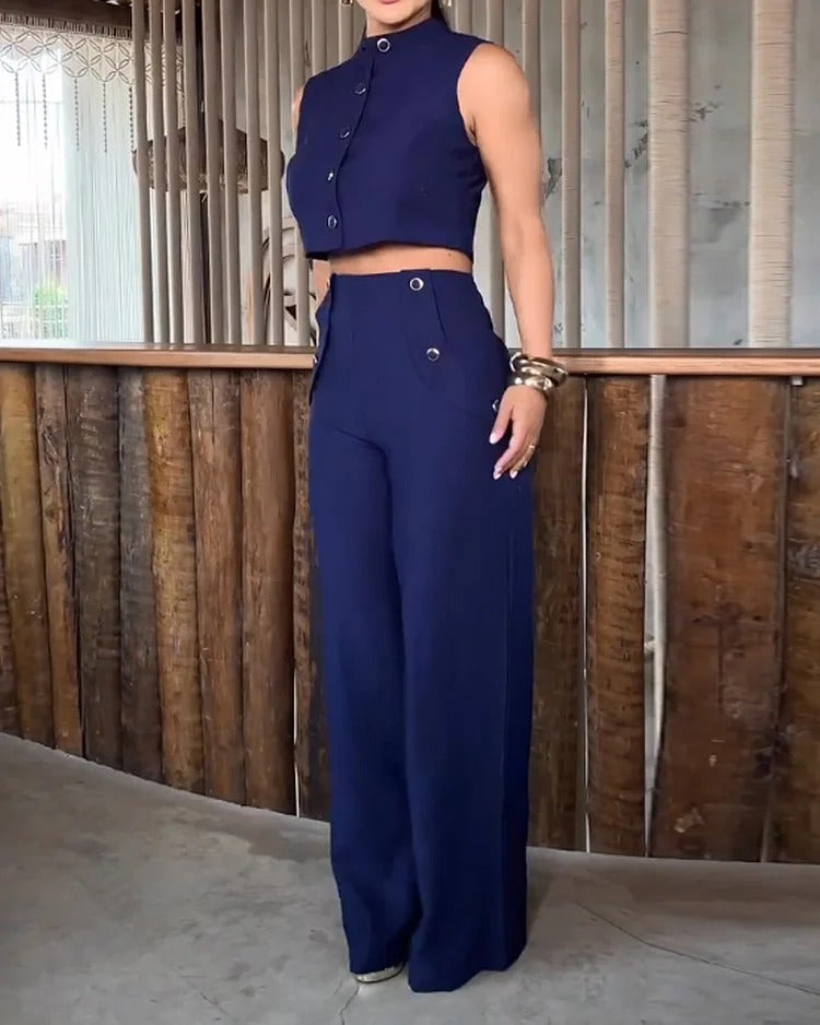 LADIES TWO PIECE SLEEVELESS TOP & PANTS SET DARK BLUE (SIZE S - XL)