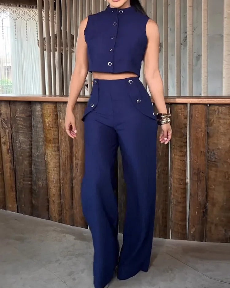 LADIES TWO PIECE SLEEVELESS TOP & PANTS SET DARK BLUE (SIZE S - XL)