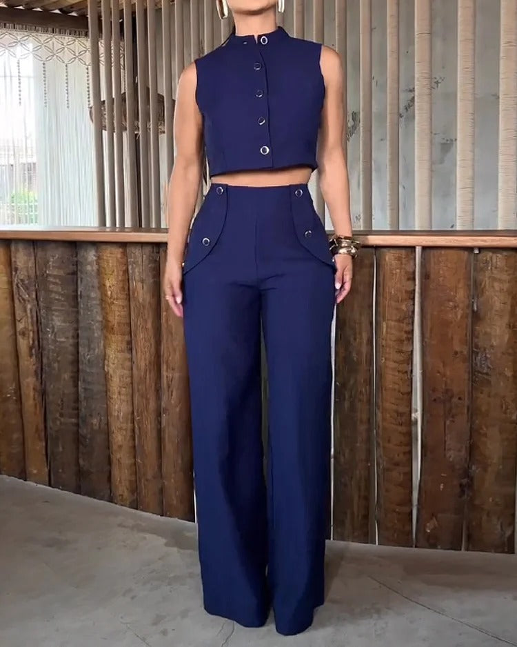 LADIES TWO PIECE SLEEVELESS TOP & PANTS SET DARK BLUE (SIZE S - XL)