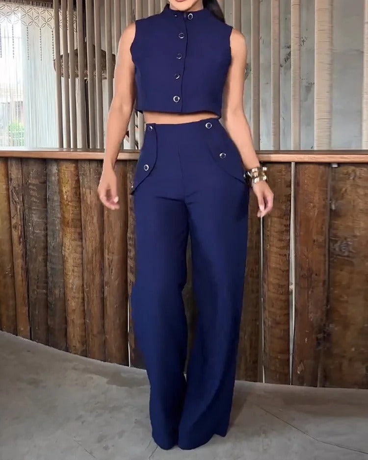 LADIES TWO PIECE SLEEVELESS TOP & PANTS SET DARK BLUE (SIZE S - XL)