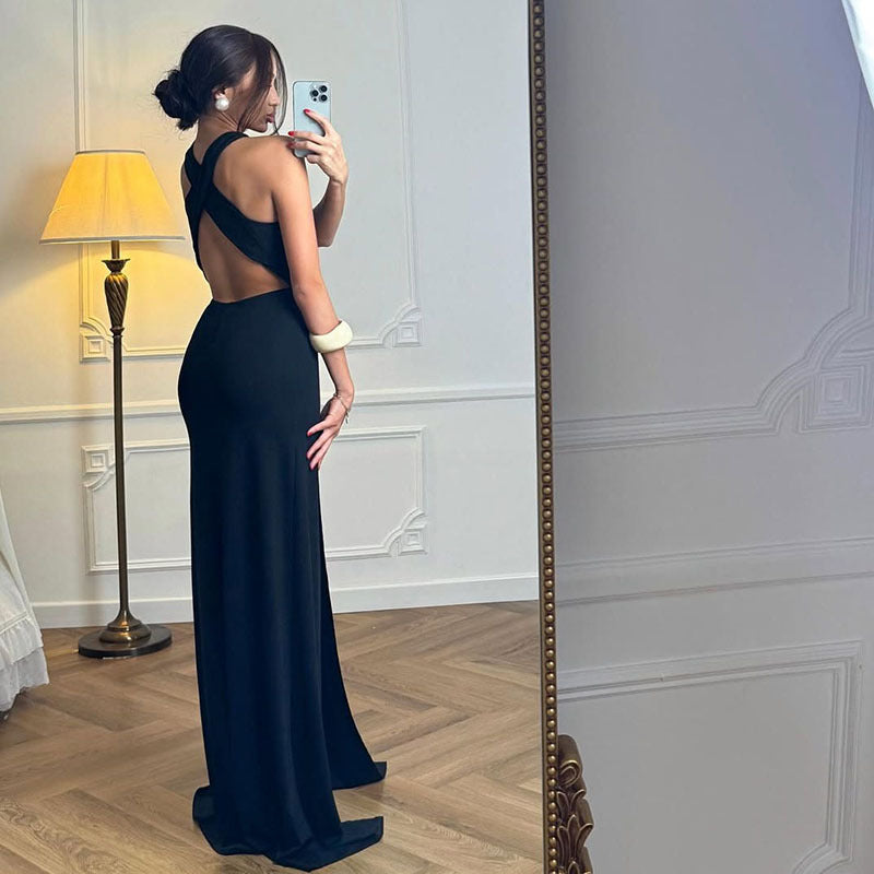 LADIES SEXY LONG DRESS WITH SLIT BLACK (SIZE S - L)