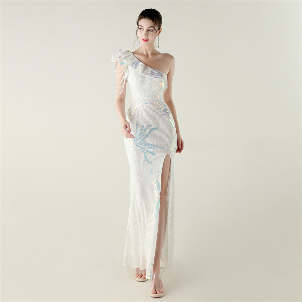 LADIES ONE SHOULDER PARTY / EVENING DRESS WHITE / GREEN / BLACK / APRICOT-BEIGE / GOLD / RED / DARK BLUE (SIZE S - 2XL)