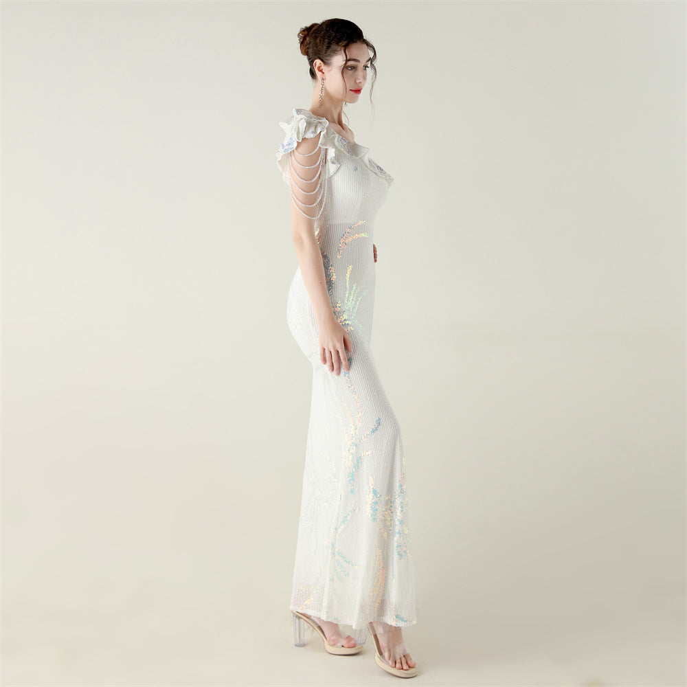 LADIES ONE SHOULDER PARTY / EVENING DRESS WHITE / GREEN / BLACK / APRICOT-BEIGE / GOLD / RED / DARK BLUE (SIZE S - 2XL)