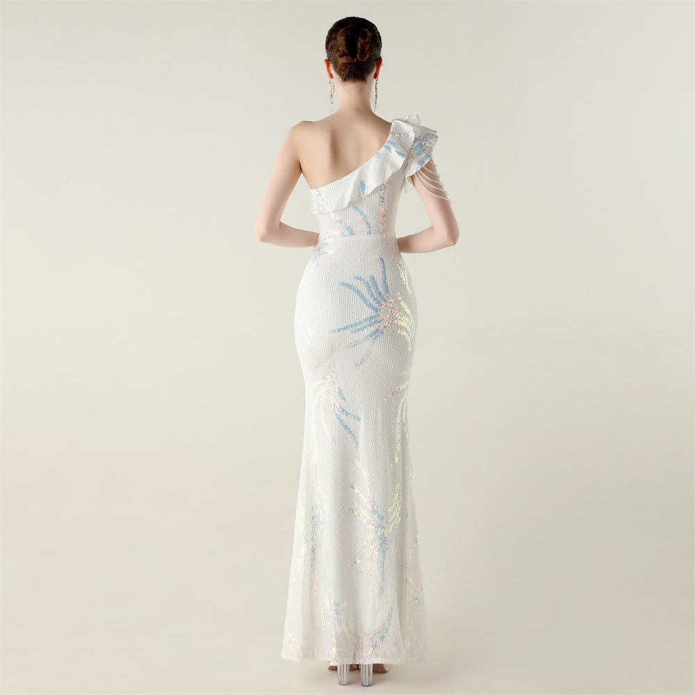 LADIES ONE SHOULDER PARTY / EVENING DRESS WHITE / GREEN / BLACK / APRICOT-BEIGE / GOLD / RED / DARK BLUE (SIZE S - 2XL)