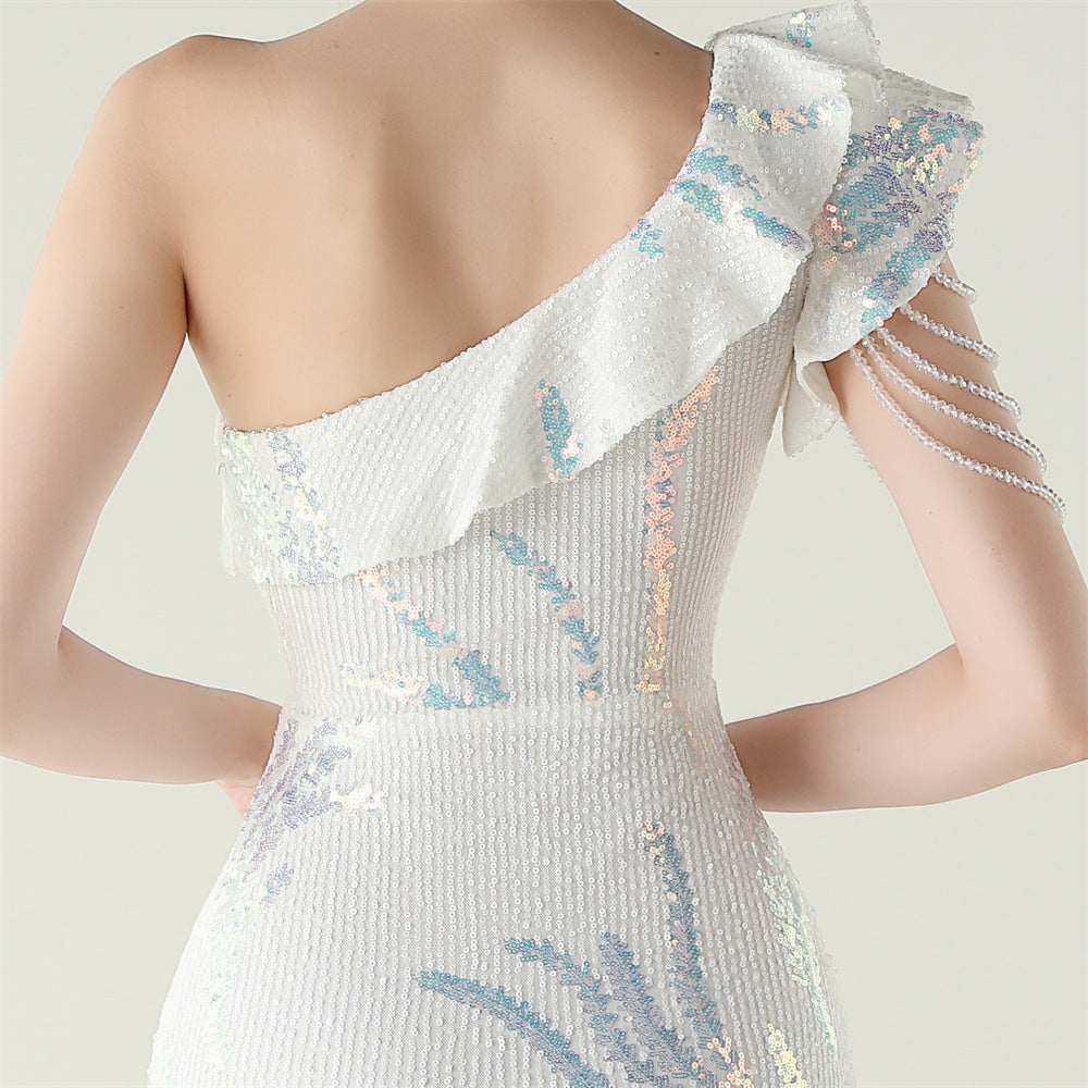 LADIES ONE SHOULDER PARTY / EVENING DRESS WHITE / GREEN / BLACK / APRICOT-BEIGE / GOLD / RED / DARK BLUE (SIZE S - 2XL)