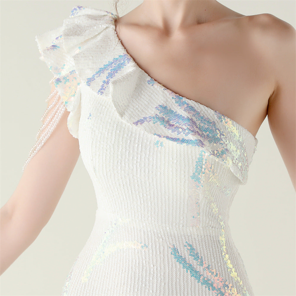 LADIES ONE SHOULDER PARTY / EVENING DRESS WHITE / GREEN / BLACK / APRICOT-BEIGE / GOLD / RED / DARK BLUE (SIZE S - 2XL)