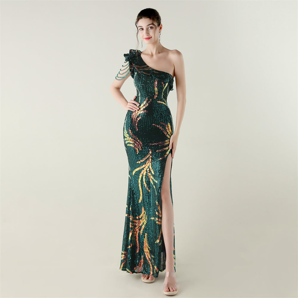 LADIES ONE SHOULDER PARTY / EVENING DRESS WHITE / GREEN / BLACK / APRICOT-BEIGE / GOLD / RED / DARK BLUE (SIZE S - 2XL)
