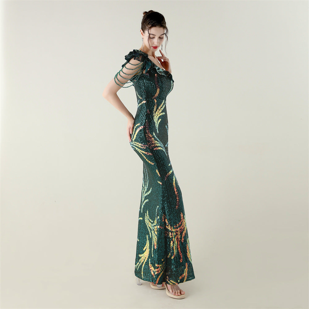 LADIES ONE SHOULDER PARTY / EVENING DRESS WHITE / GREEN / BLACK / APRICOT-BEIGE / GOLD / RED / DARK BLUE (SIZE S - 2XL)