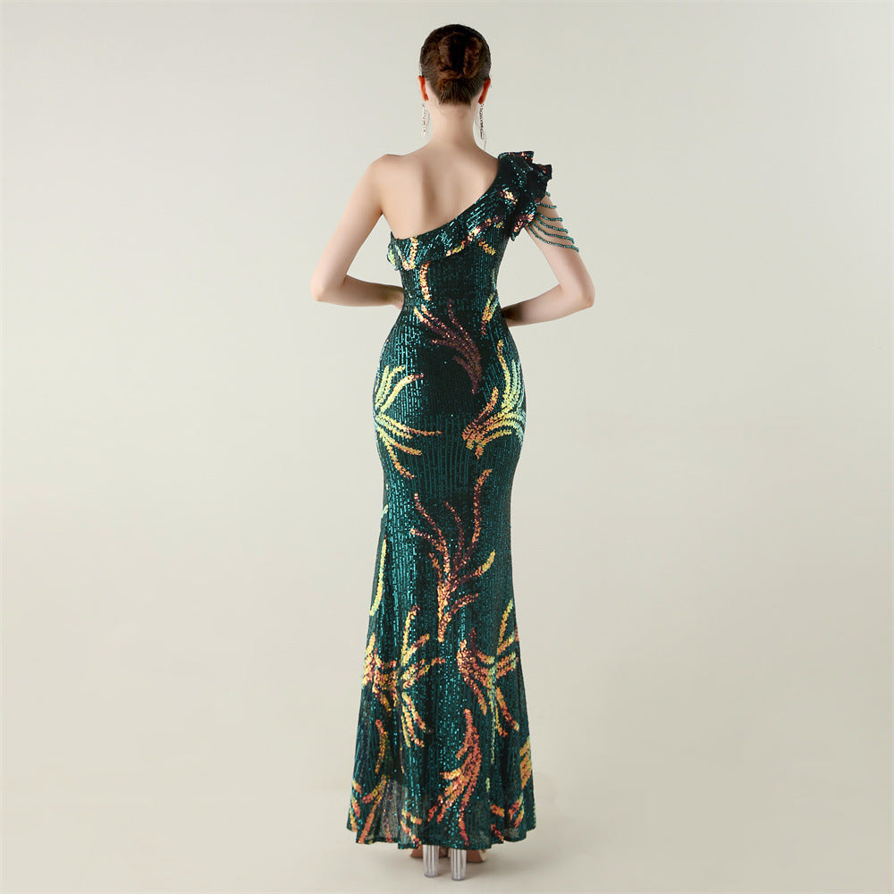 LADIES ONE SHOULDER PARTY / EVENING DRESS WHITE / GREEN / BLACK / APRICOT-BEIGE / GOLD / RED / DARK BLUE (SIZE S - 2XL)
