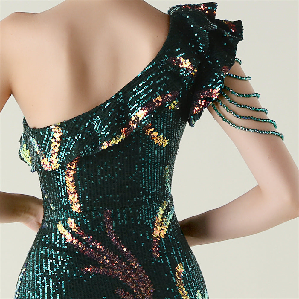 LADIES ONE SHOULDER PARTY / EVENING DRESS WHITE / GREEN / BLACK / APRICOT-BEIGE / GOLD / RED / DARK BLUE (SIZE S - 2XL)