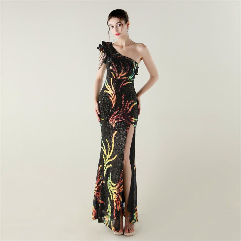 LADIES ONE SHOULDER PARTY / EVENING DRESS WHITE / GREEN / BLACK / APRICOT-BEIGE / GOLD / RED / DARK BLUE (SIZE S - 2XL)