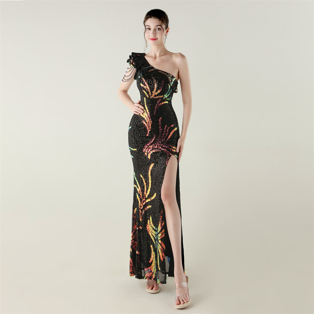 LADIES ONE SHOULDER PARTY / EVENING DRESS WHITE / GREEN / BLACK / APRICOT-BEIGE / GOLD / RED / DARK BLUE (SIZE S - 2XL)