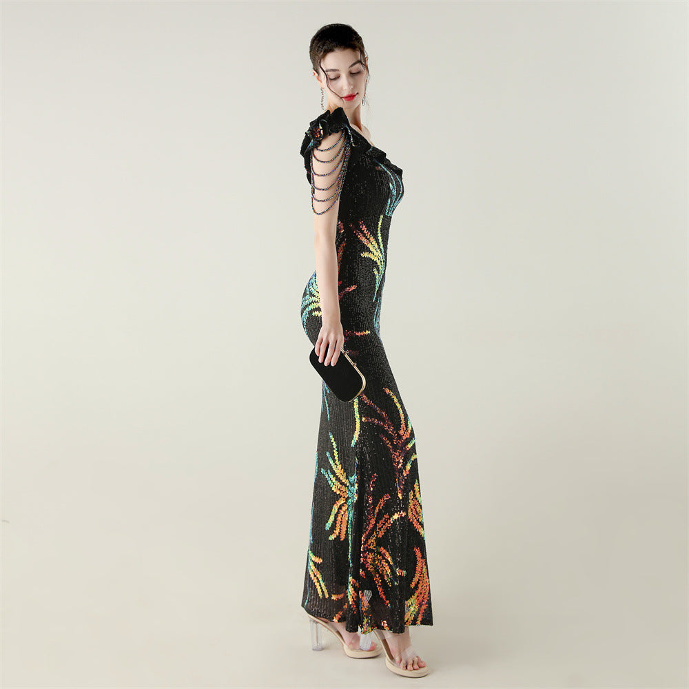 LADIES ONE SHOULDER PARTY / EVENING DRESS WHITE / GREEN / BLACK / APRICOT-BEIGE / GOLD / RED / DARK BLUE (SIZE S - 2XL)