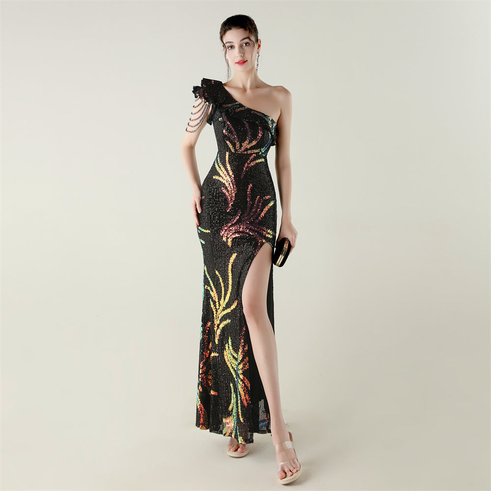 LADIES ONE SHOULDER PARTY / EVENING DRESS WHITE / GREEN / BLACK / APRICOT-BEIGE / GOLD / RED / DARK BLUE (SIZE S - 2XL)