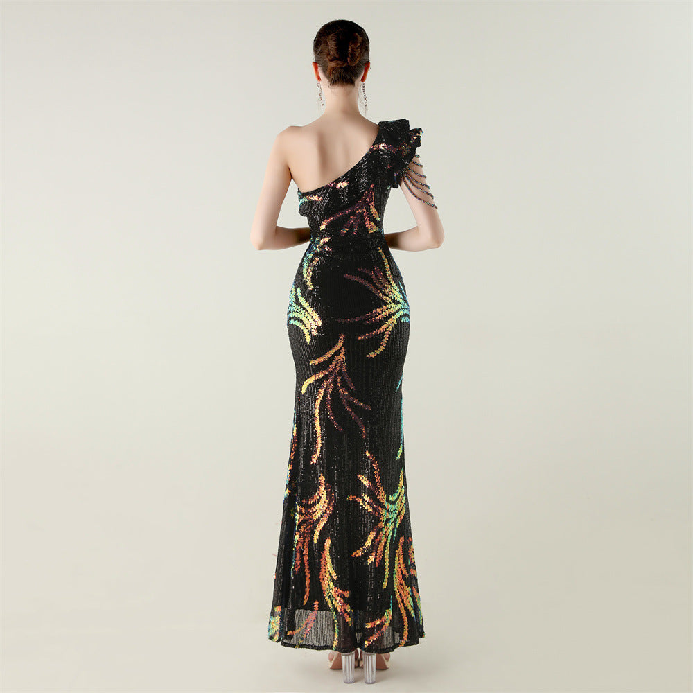 LADIES ONE SHOULDER PARTY / EVENING DRESS WHITE / GREEN / BLACK / APRICOT-BEIGE / GOLD / RED / DARK BLUE (SIZE S - 2XL)