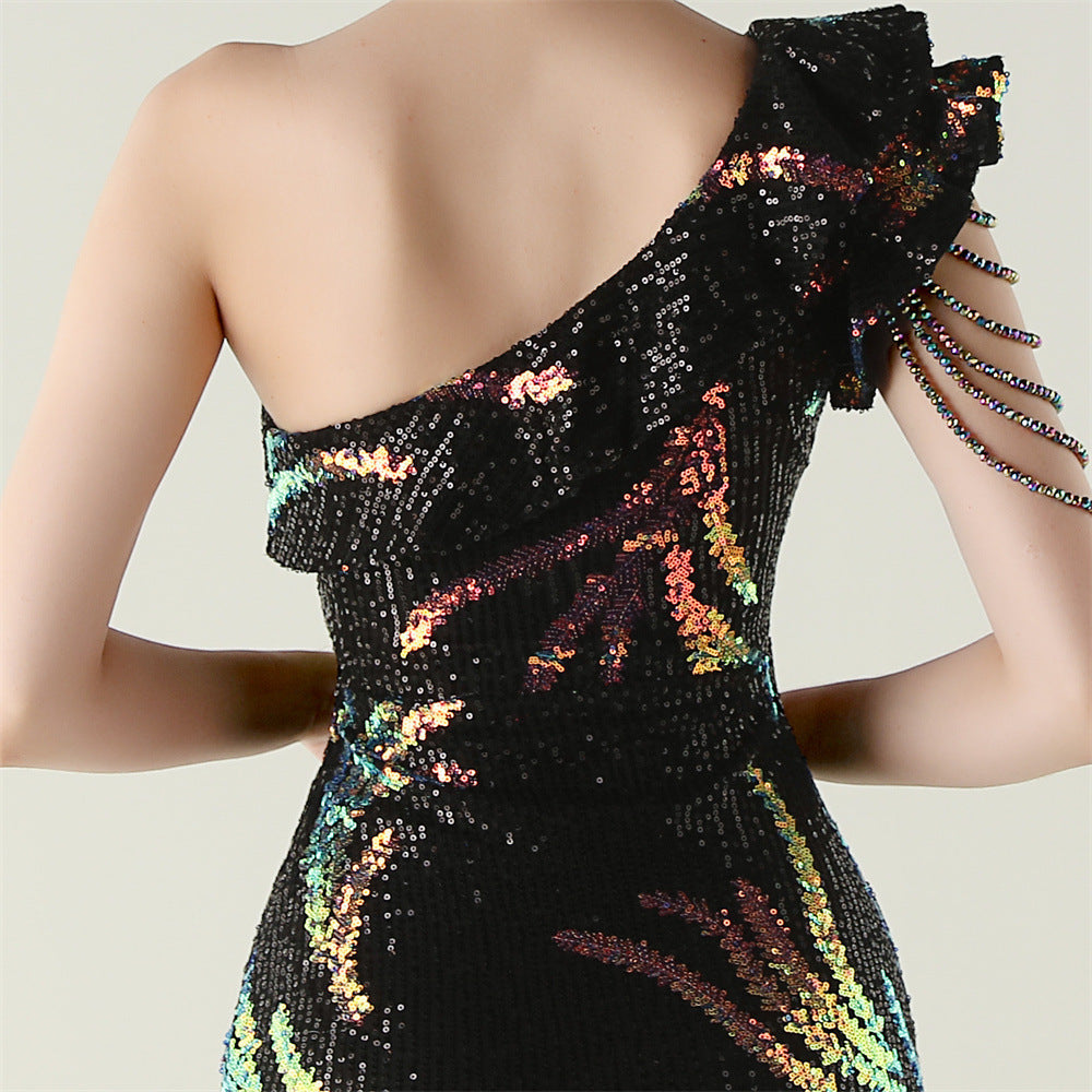 LADIES ONE SHOULDER PARTY / EVENING DRESS WHITE / GREEN / BLACK / APRICOT-BEIGE / GOLD / RED / DARK BLUE (SIZE S - 2XL)