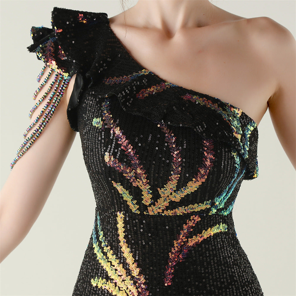 LADIES ONE SHOULDER PARTY / EVENING DRESS WHITE / GREEN / BLACK / APRICOT-BEIGE / GOLD / RED / DARK BLUE (SIZE S - 2XL)