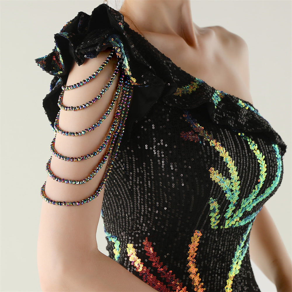 LADIES ONE SHOULDER PARTY / EVENING DRESS WHITE / GREEN / BLACK / APRICOT-BEIGE / GOLD / RED / DARK BLUE (SIZE S - 2XL)