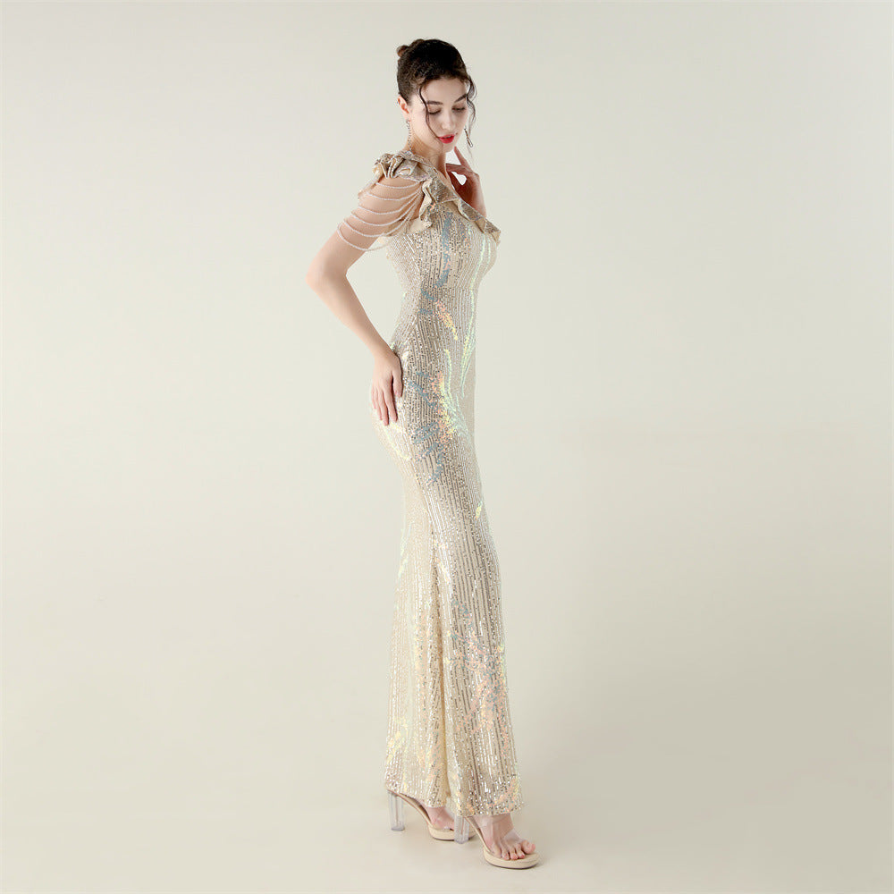 LADIES ONE SHOULDER PARTY / EVENING DRESS WHITE / GREEN / BLACK / APRICOT-BEIGE / GOLD / RED / DARK BLUE (SIZE S - 2XL)