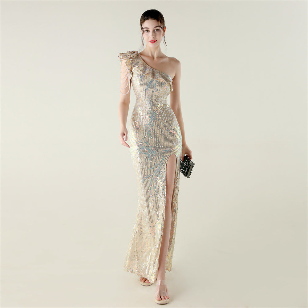 LADIES ONE SHOULDER PARTY / EVENING DRESS WHITE / GREEN / BLACK / APRICOT-BEIGE / GOLD / RED / DARK BLUE (SIZE S - 2XL)