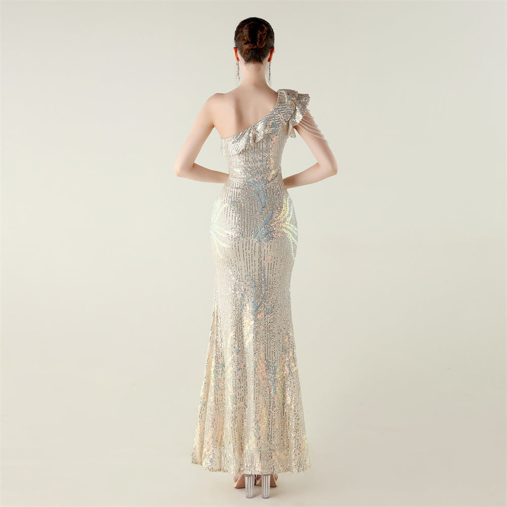 LADIES ONE SHOULDER PARTY / EVENING DRESS WHITE / GREEN / BLACK / APRICOT-BEIGE / GOLD / RED / DARK BLUE (SIZE S - 2XL)