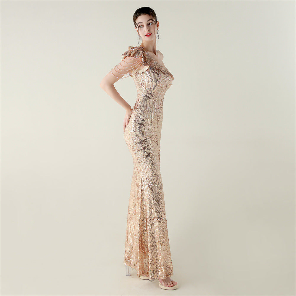 LADIES ONE SHOULDER PARTY / EVENING DRESS WHITE / GREEN / BLACK / APRICOT-BEIGE / GOLD / RED / DARK BLUE (SIZE S - 2XL)