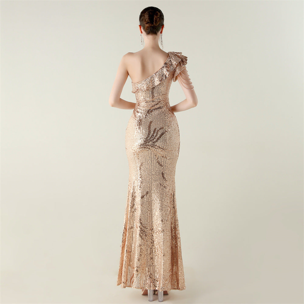 LADIES ONE SHOULDER PARTY / EVENING DRESS WHITE / GREEN / BLACK / APRICOT-BEIGE / GOLD / RED / DARK BLUE (SIZE S - 2XL)