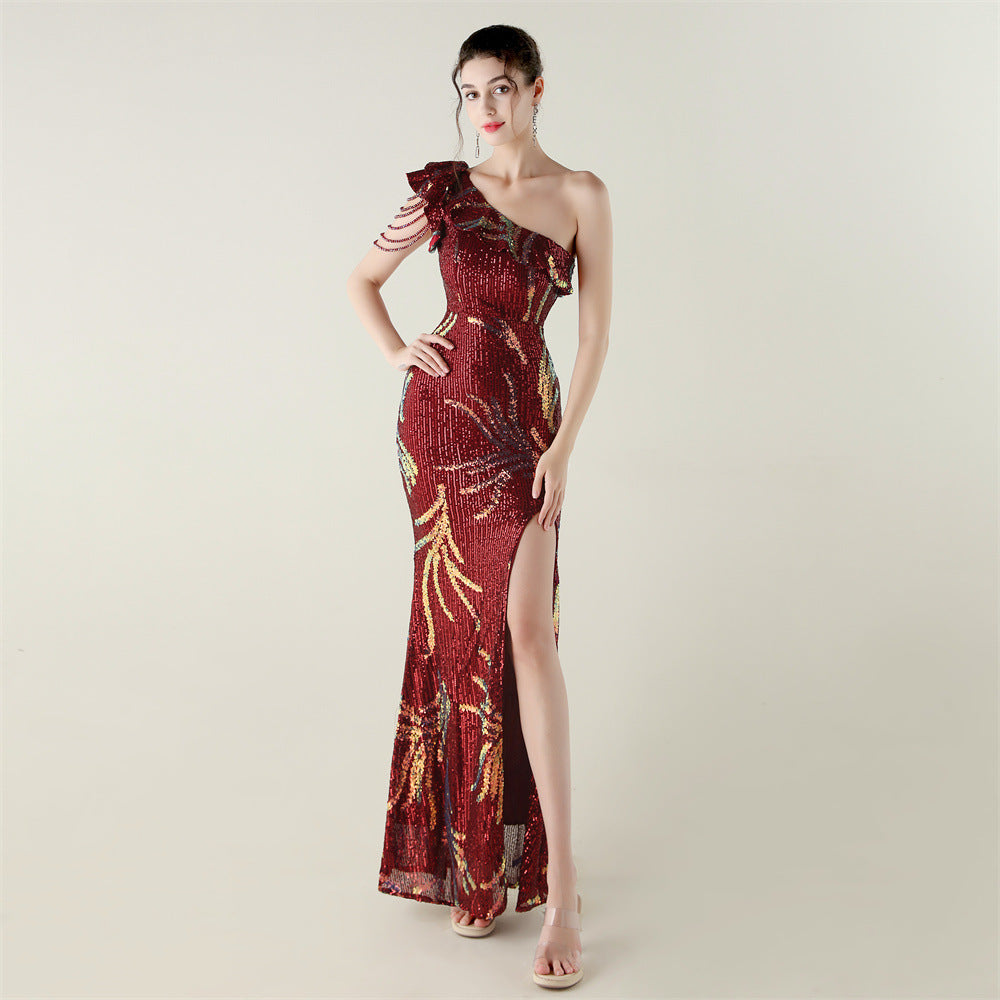 LADIES ONE SHOULDER PARTY / EVENING DRESS WHITE / GREEN / BLACK / APRICOT-BEIGE / GOLD / RED / DARK BLUE (SIZE S - 2XL)