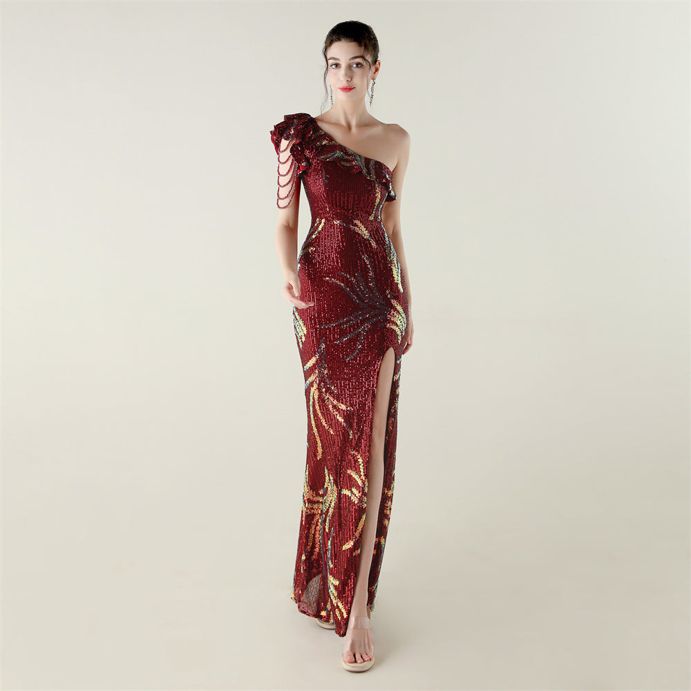 LADIES ONE SHOULDER PARTY / EVENING DRESS WHITE / GREEN / BLACK / APRICOT-BEIGE / GOLD / RED / DARK BLUE (SIZE S - 2XL)