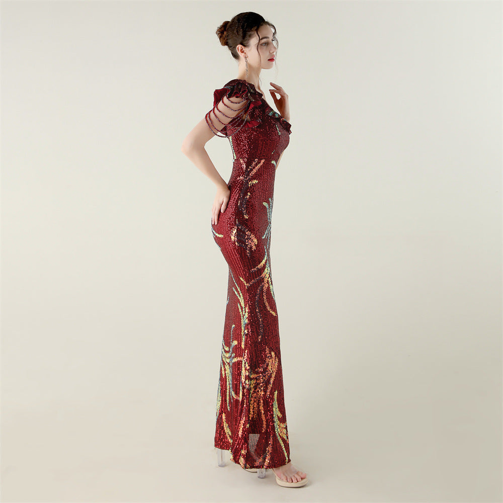 LADIES ONE SHOULDER PARTY / EVENING DRESS WHITE / GREEN / BLACK / APRICOT-BEIGE / GOLD / RED / DARK BLUE (SIZE S - 2XL)