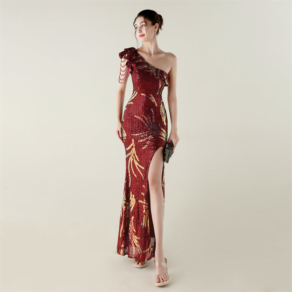 LADIES ONE SHOULDER PARTY / EVENING DRESS WHITE / GREEN / BLACK / APRICOT-BEIGE / GOLD / RED / DARK BLUE (SIZE S - 2XL)