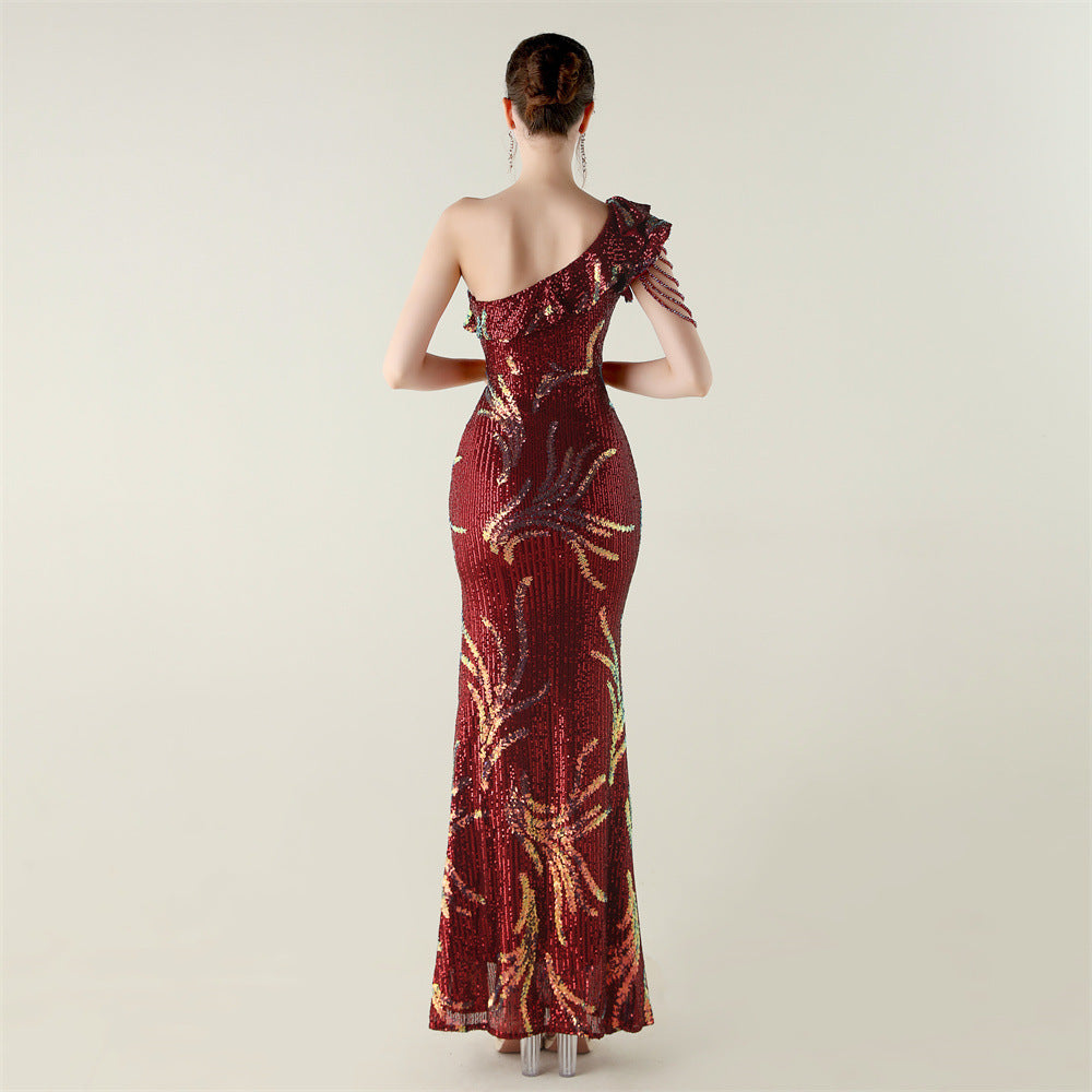 LADIES ONE SHOULDER PARTY / EVENING DRESS WHITE / GREEN / BLACK / APRICOT-BEIGE / GOLD / RED / DARK BLUE (SIZE S - 2XL)