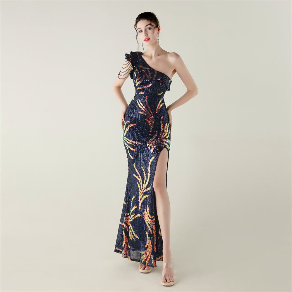 LADIES ONE SHOULDER PARTY / EVENING DRESS WHITE / GREEN / BLACK / APRICOT-BEIGE / GOLD / RED / DARK BLUE (SIZE S - 2XL)