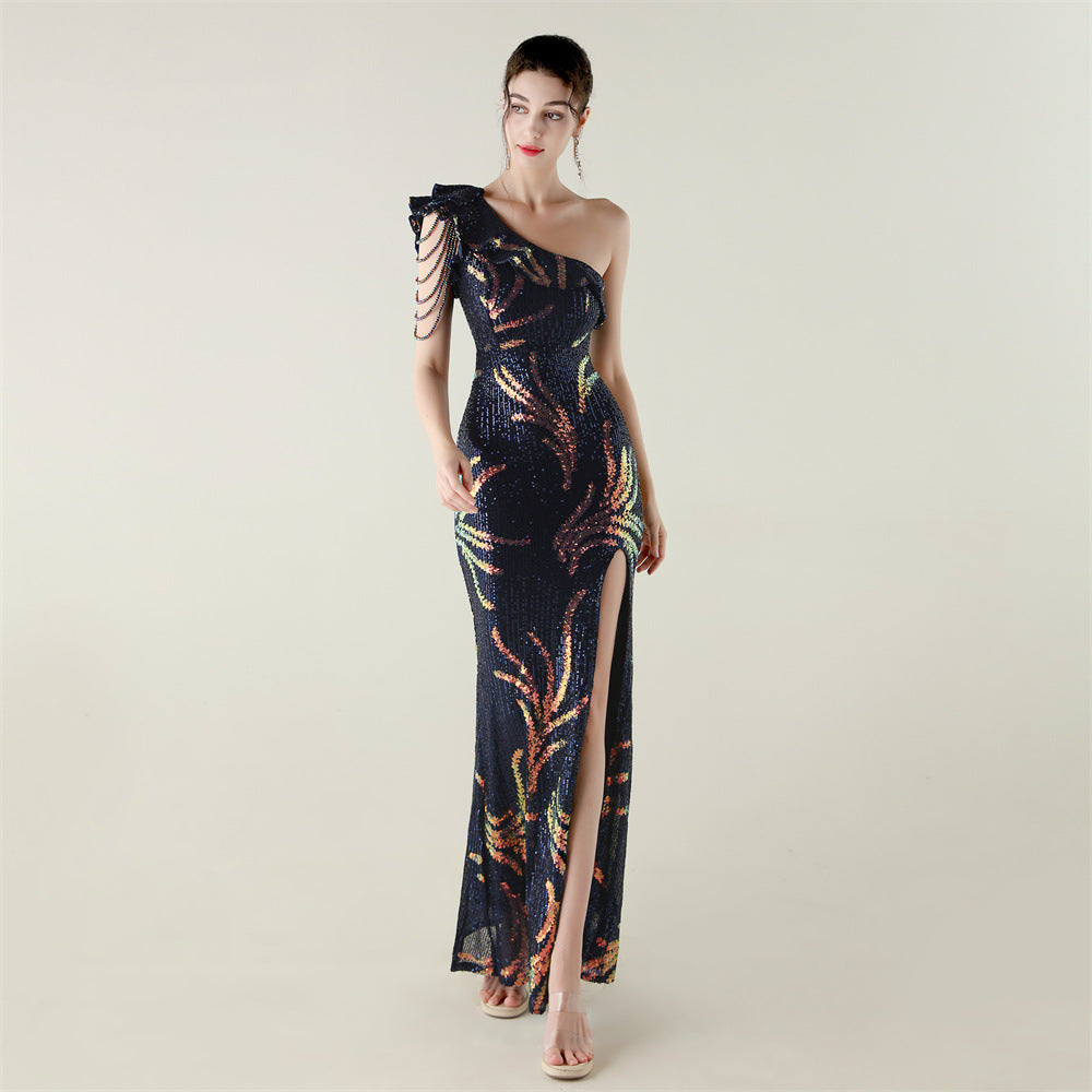 LADIES ONE SHOULDER PARTY / EVENING DRESS WHITE / GREEN / BLACK / APRICOT-BEIGE / GOLD / RED / DARK BLUE (SIZE S - 2XL)